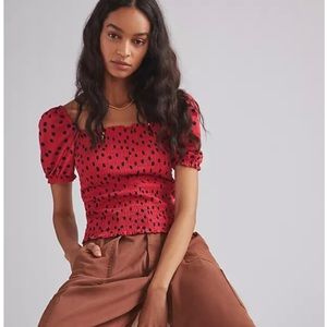 Anthropologie Dolan Left Coast Smocked Puff Sleeved Top Polka Dot Red $88 - NEW